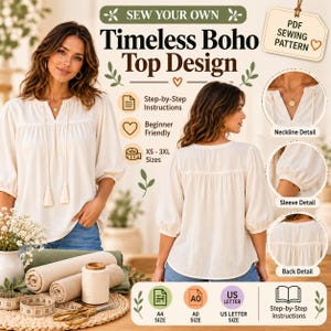 Women Relaxed Fit Blouse Sewing Pattern, Boho Blouse PDF, Loose Fit Shirt for Women,  Easy Summer Top Pattern, Puff Sleeve Shirt, XS-3XL