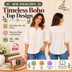 Damenbluse mit lockerer Passform, Boho-Bluse (PDF), locker sitzendes Oberteil für Damen, einfaches Sommertop-Schnittmuster, Bluse mit Puffärmeln, Größen XS-3XL