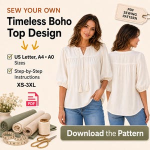 Puede incluir: Un patrón de costura en PDF para una blusa color crema con cuello en V, lazos con borlas y mangas tres cuartos. El diseño incluye formatos US Letter, A4 y A0, tallas de XS a 3XL, instrucciones paso a paso y un archivo digital descargable.