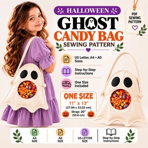 Patrón de costura en PDF para bolsa de dulces con forma de fantasma de Halloween, patrón para bolsa de truco o trato, bolso de mano con forma de fantasma para hacer tú mismo, patrón de costura de Halloween, tamaño A4 (tamaño carta estadounidense)