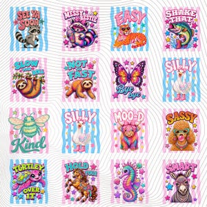 Puede incluir: Una colección de dieciséis pegatinas gráficas coloridas con varios animales, incluyendo un mapache, tigre, pez, perezoso, mariposa, ganso, abeja, vaca highland, caniche, tortuga, caballo, caballito de mar y burro, cada uno con texto decorativo.