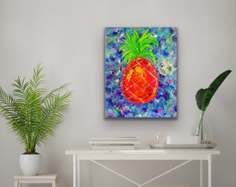 Pineapple Original 16" X 20" Mixed Media Acrylic Painting - Unframed