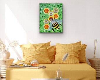 Bee and Daisies Original 16" X 20" Acrylic Painting - Unframed