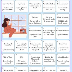 May include: A calendar for January 2026 with various daily prompts. A person is sitting by a window, holding a mug. The calendar includes prompts like "Happy New Year" and "Veganuary."