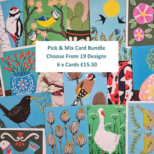 May include: A collection of nineteen rectangular greeting cards featuring diverse illustrations of birds, flowers, cacti, and botanical elements. The central white text overlay reads: Pick & Mix Card Bundle, Choose From 19 Designs, 6 x Cards £15.50.