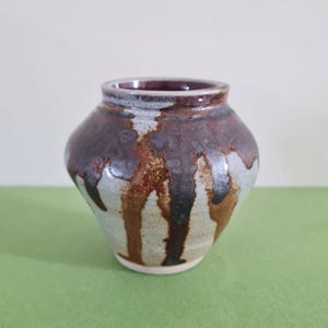 Vintage Studio Pottery Drip Glaze Stoneware Bud Vase – Small Earthy Brown & Grey Hand Thrown Ceramic Pot - Rustic Wabi Sabi Shelf Décor