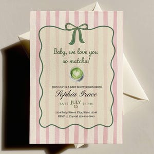 Invitación para baby shower "Te queremos mucho" de Matcha, baby shower de niña, invitación para baby shower de rayas rosas, plantilla editable