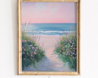 Sendero costero entre dunas, paisaje playero en tonos pastel (descarga digital) 201