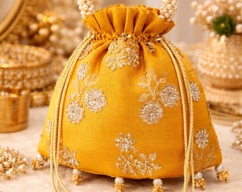Bolso Potli amarillo mostaza / Bolso de novia bordado con asa de perla