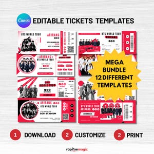 May include: A collection of red and white editable ticket templates for the BTS World Tour at the SoFi Stadium in Los Angeles. The templates include the text "BTS World Tour", "Arirang", and "Mega Bundle 12 Different Templates". The image also includes the steps: Download, Customize, and Print.