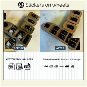 Puede incluir: Un conjunto de pegatinas negras para interruptores de ventana de vehículos Audi y Volkswagen, mostrado en una comparación de antes y después. La imagen incluye el texto Stickers on wheels, BEFORE, AFTER, VECTOR PACK INCLUDED y Compatible with: Audi and Volkswagen.