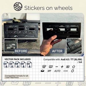 May include: A black climate control panel for an Audi A3, TT, or A4, showing a before and after comparison of button restoration. The image includes text labels, vector file icons, and a list of compatible car models for laser machine use.