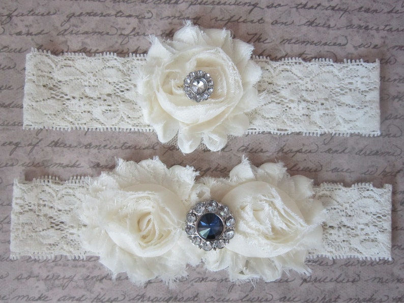 Something Sparkling Blue /& IVORY Wedding Garter Set Choose from Sapphire or Aqua