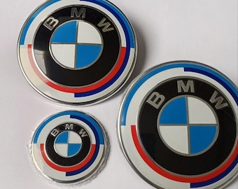 BMW logos, emblem, steering wheel, hood, trunk, 50th anniversary