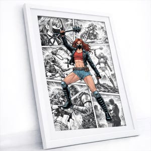 以下が含まれることがあります： フレームに入ったコミックアート。終末世界を舞台にした女性の姿が描かれています。赤い髪とマスクをした主人公が、トゲ付きの武器を持っています。アートワークは白黒とグレーのトーンで、ダイナミックでアクション指向の構図です。
