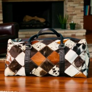 Luxury Cowhide Patchwork Duffle Bag – Handmade Hair On Hide Travel Bag, Western Leather Weekender, Overnight Gym Bag