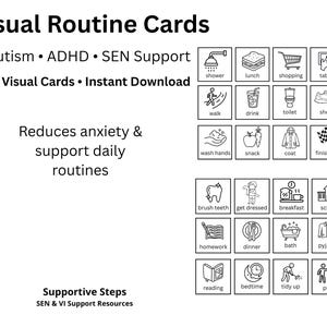 May include: Black and white visual routine cards for Autism, ADHD, and SEN support. The cards include images for daily activities like showering, eating lunch, and brushing teeth. The text reads "Reduces anxiety & support daily routines."