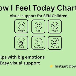 May include: A light green How I Feel Today Chart featuring six black line-art icons representing emotions: Happy, Sad, Angry, Tired, Confused, and Worried. The text includes Visual support for SEN Children, Helps with big emotions, Easy visual support, and Instant Download.
