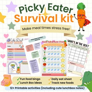 May include: A colorful "Picky Eater Survival Kit" with printable activities. Includes a carrot superhero graphic, food charts, and lunchbox ideas. The text reads "Make meal times stress free!" and "12+ Printable activities".