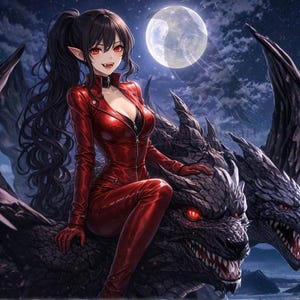 Könnte beinhalten: Digitale Illustration einer Frau in einem roten Overall mit dunklem Haar und roten Augen, die auf einem Drachen unter einem Vollmond reitet. Der Drache ist dunkelgrau mit roten Augen. Der Hintergrund ist ein Nachthimmel mit Sternen.