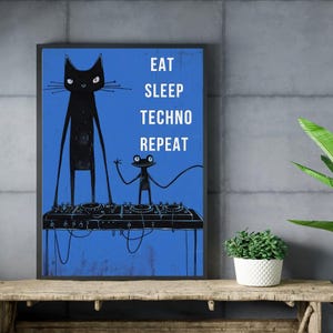 Póster de arte mural de DJ Gato Negro, Techno Eat Sleep Rave Repeat (Descarga digital)