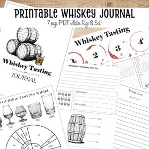 May include: Printable whiskey journal featuring a black and white illustration of whiskey barrels on the cover. The journal includes pages for tasting notes, a whiskey tasting wheel, and a wish list.