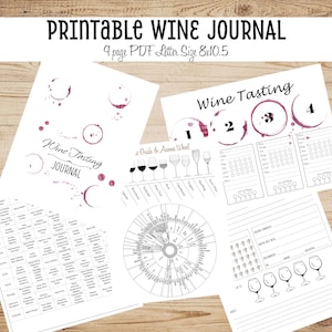 Puede incluir: Diario de vino imprimible con 9 páginas, que incluye una guía de cata de vinos y una rueda de aromas. El diario está diseñado para registrar notas de cata de vinos e incluye una sección para comentarios de cata, comida maridada y calificación general.