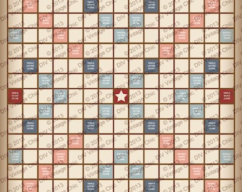 May include: A vintage-style Scrabble game board with a red star in the center. The board has a brown frame and is divided into squares with different colored backgrounds. The squares are labeled with different point values and special rules.