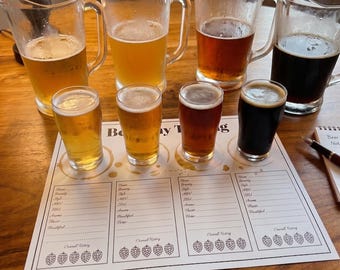 May include: A beer tasting set featuring four clear glass pitchers and four matching tasting glasses filled with various shades of beer, ranging from light gold to dark brown, arranged on a printed paper tasting mat with sections for notes.