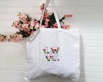 Hand Embroidered Flower Love Cotton Market Tote Bag - Reusable Tote - Grocery Shopping Bag