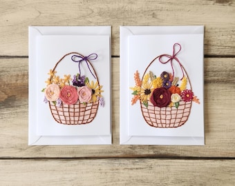 Hand Embroidered Flower Basket Card, Watercolor and Paper Embroidery Floral Greeting Card, Fall, Autumn and Spring Bouquet Keepsake