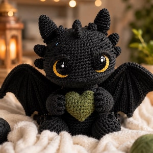 May include: A black crocheted dragon plush toy featuring large, expressive eyes with yellow irises and pupils. The creature has pointed ears, small horns, and wide wings, and it is holding a small, textured olive green heart in its front paws.