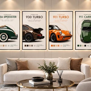 May include: A set of four rectangular wall posters featuring Porsche car models: the 356 Speedster in green, the 930 Turbo in brown, the 911 Turbo in orange, and the 911 Carrera in green. Each poster includes text, model names, and colour palettes.