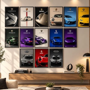 May include: A collection of fourteen rectangular wall posters featuring various luxury sports cars from brands including Lamborghini, Porsche, Ferrari, Bugatti, and Pagani. Each poster displays a specific vehicle model with its corresponding brand logo.