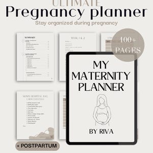 Peut inclure: Un planificateur de grossesse numérique avec le texte "ULTIMATE Pregnancy planner" et "MY MATERNITY PLANNER". Le planificateur comprend plus de 100 pages, avec des sections pour les suivis hebdomadaires, les trackers, l'organisation, le budget, le plan de naissance et les essentiels de la trousse de maternité.