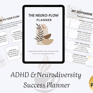 Könnte beinhalten: Digitaler Planer für ADHS und Neurodiversität, mit minimalistischem Design in Beige- und Brauntönen. Der Planer enthält Abschnitte für das Dopamin-Menü, Willkommensnotizen und ein 12-seitiges Layout. Der Text lautet "The Neuro-Flow Planner."