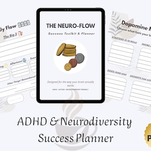 ADHD-planerare digital nedladdning, verktygslåda för neurodivergent framgång, arbetsblad för exekutiv funktion, daglig organisatör för autism, dopaminmeny i PDF-format