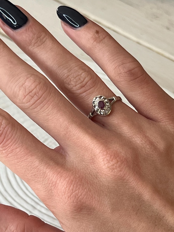 Vintage Sterling Silver Ruby Paste Cluster Ring |… - image 4