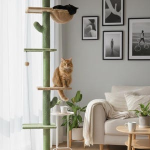 May include: A green cat tree with multiple levels and a cactus-like design. An orange cat sits on a platform, while a black cat rests in a woven basket. The cat tree is in a living room setting.