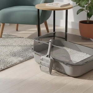 May include: A gray cat litter box with a clear, hinged lid and a matching scoop. The box is filled with white litter. The scene includes a rug, chair, side table, and potted plant, suggesting an indoor setting for pet care.