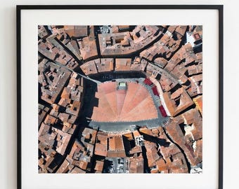 Piazza del Campo in Siena, Tuscany, ITALY - A zenithal aerial photograph taken by drone of Piazza del Campo in Siena, Tuscany, Italy.