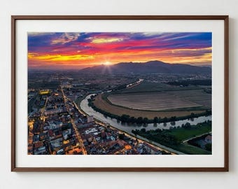 Pontedera, Tuscany, a town on the Arno River near Pisa - Photographic print of an aerial photograph taken with a drone at sunset.