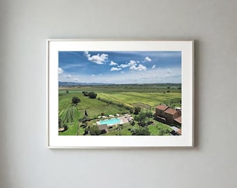 Valdichiana Toscana, photographic print of a view of Cortona (Arezzo) from a farmhouse with swimming pool in ITALY - Tuscany