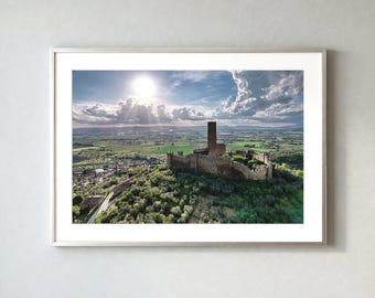 Montecchio Vesponi Castle Tuscany Italy Wall Art - Medieval Fortress Aerial Photo Print - Tuscan Landscape Sun Rays - Italian Home Decor
