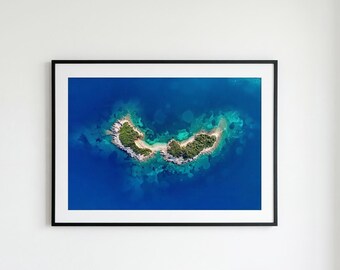 The islets of Ksamil, Albania. Photographic print of an aerial photo taken by drone in Ksamil, Albania, on the Ionian Sea