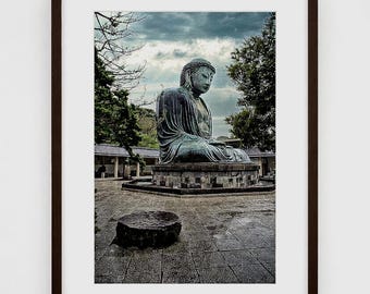 Great Buddha Daibutsu Kamakura Japan Photography Print | Moody Zen Wall Art under Dramatic Rain | Spiritual Home Decor Poster