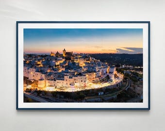 Ostuni, Puglia, the "White City" - Photographic print of Ostuni at dusk, photographed with a drone near Brindisi, ITALY