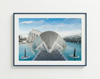 Valencia, Spain, photographic print of the "Ciutat de les Arts i les Ciències": the Hemisfèric, a modern Calatrava building.