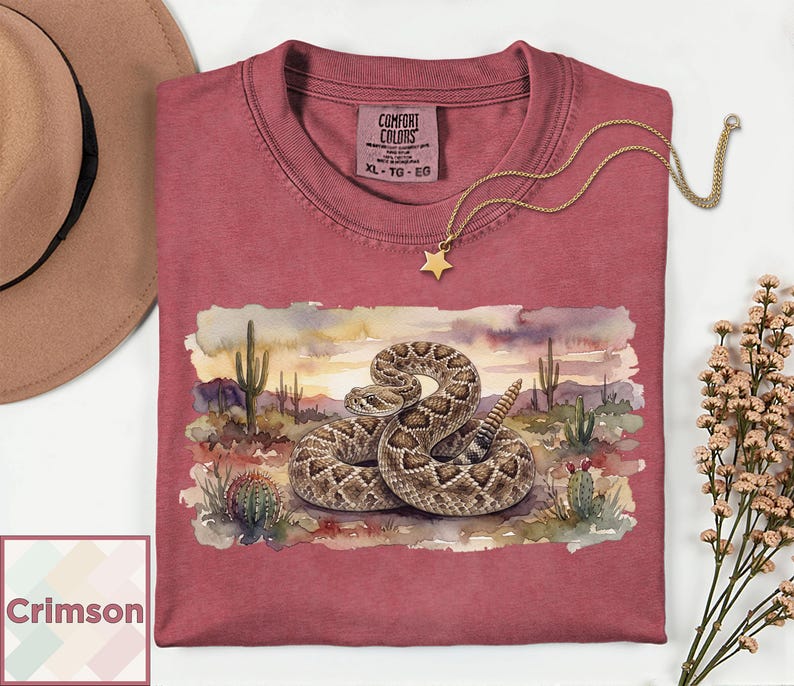 Camiseta con estampado de serpiente de cascabel en acuarela / Camiseta de fauna del desierto / Regalo para amantes de los reptiles del oeste / Camiseta para amantes de las serpientes / Camiseta vintage del suroeste Comfort Colors imagen 3