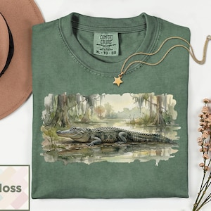 Akvarell alligatorskjorta | Träskdjursdjurs-T-shirt | Gåva från södra naturen | Bayou-reptiltopp | Vintage alligator-T-shirt Comfort Colors® 1717